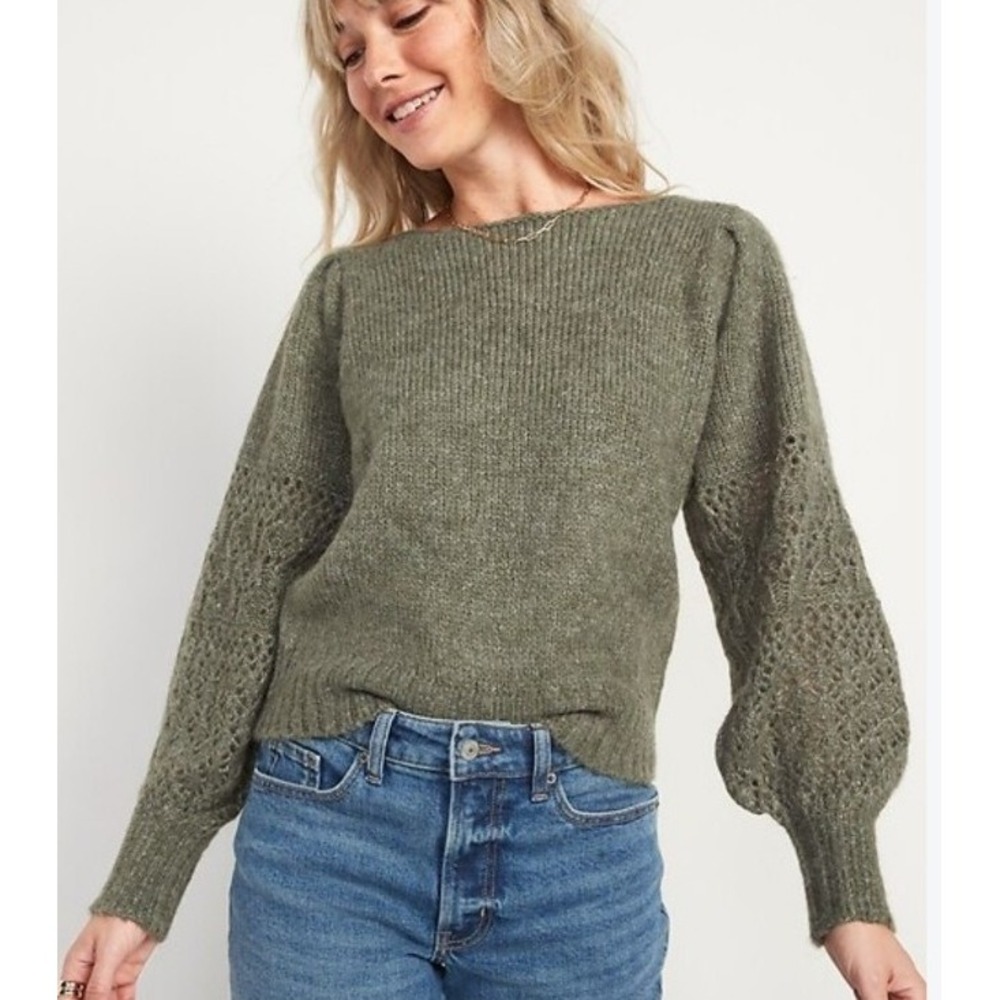 Old Navy Women SZ M petite ribbbed heathered Green w/ Pointell knit sleeve boho